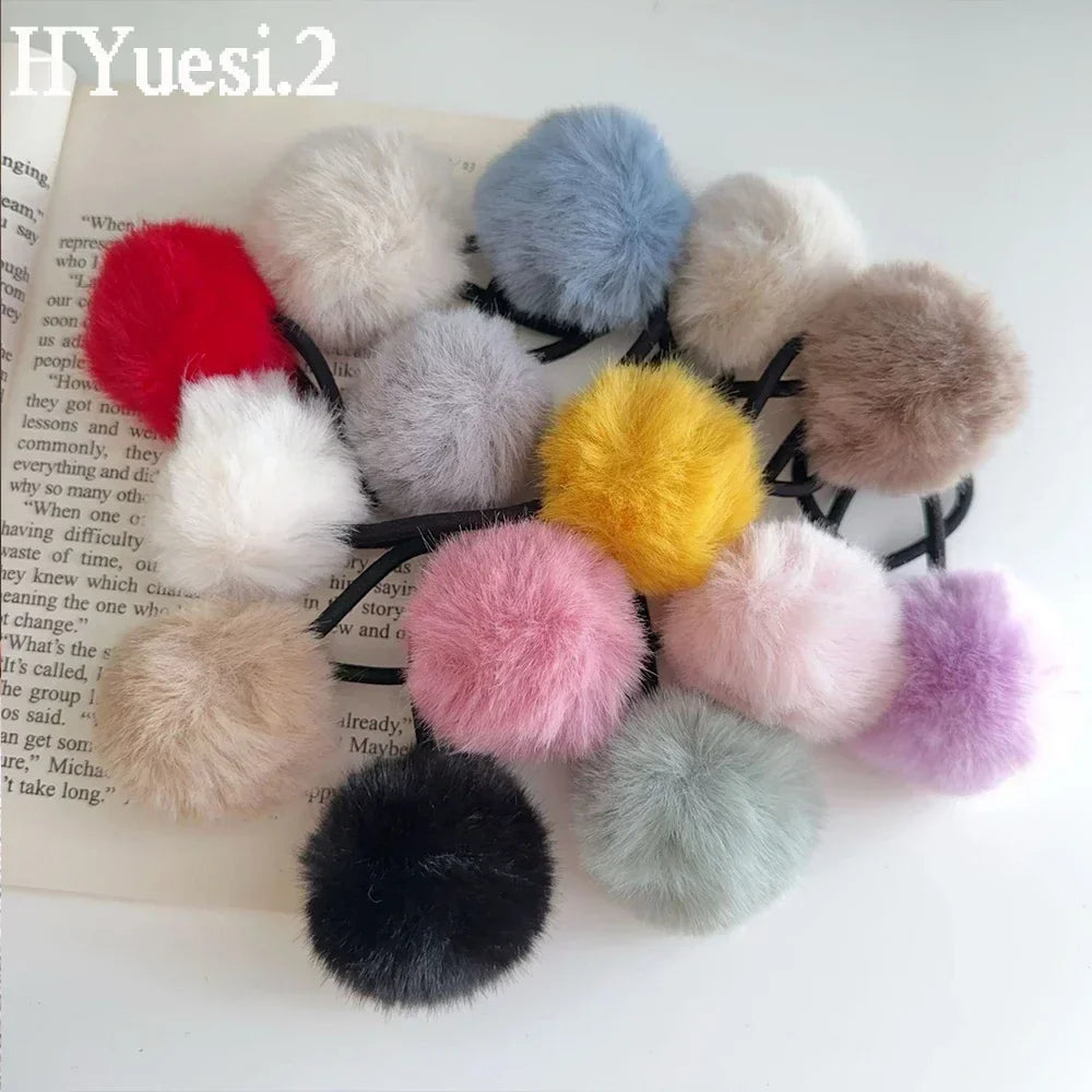 Cute Fur Ball Plush Hair Rope High Elastic Black Hair Ties With Pompom Women Toddler Girls Ponytail Holder Seamless Rubber Bands