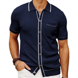 Men's Luxury Knitted Short Sleeve Polo Shirt Casual Patchwork Lapel Button-down Fashion Knitwear Summer Clothing 2024 New