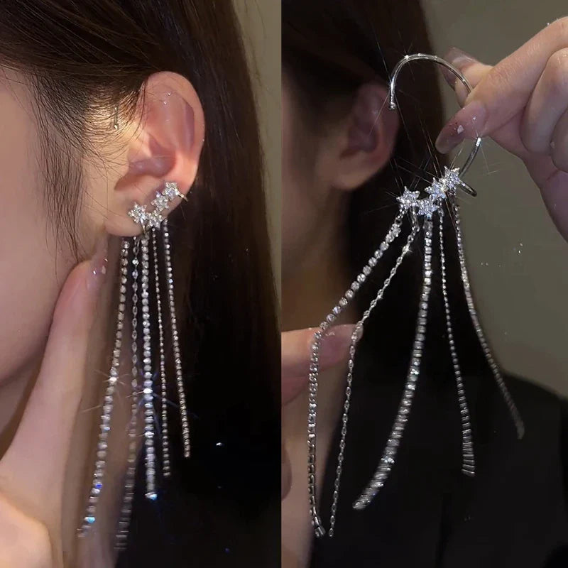 Fashion Sparkling Long Tassel Crystal Stars Ear Clip Earrings Without Piercing For Women Exquisite Light Luxury Wedding Jewelry