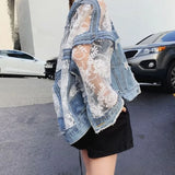 Chaquetas Mujer Summer Streetwear Embroidery Lace Patchwork Sexy Denim Jacket Women Frayed Tassel Loose Korea Blue Jean Coat 3XL