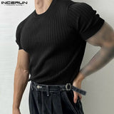 INCERUN Men T Shirt Solid Color Striped O-neck Short Sleeve Streetwear Casual Men Clothing Summer 2023 Fitness Fashion Tee Tops