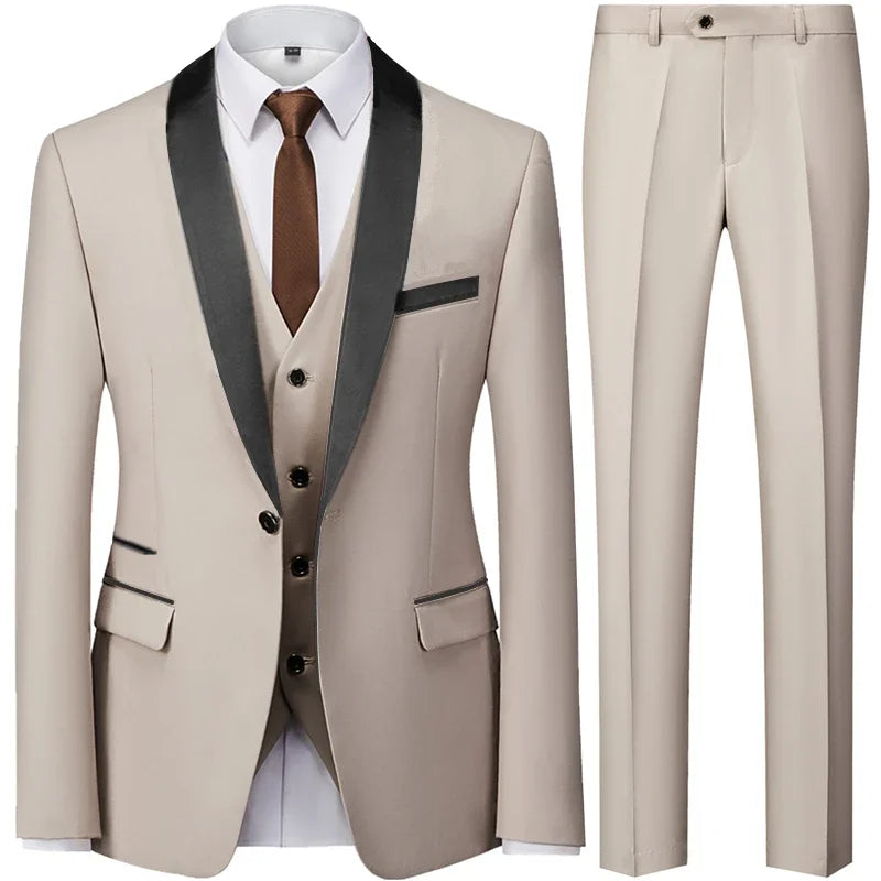 Men's British Style Slim Suit 3 Piece Set Jacket Vest Pants / Male Business Gentleman High End Custom Dress Blazers Coat  S-6XL