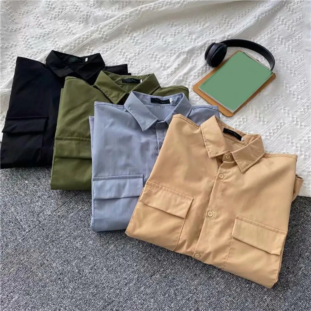 Male Cargo Shirt Lapel Half Sleeve Flap Pockets Casual Shirt Single Breasted Men Shirt Streetwear Summer Casual Top Men Clothing