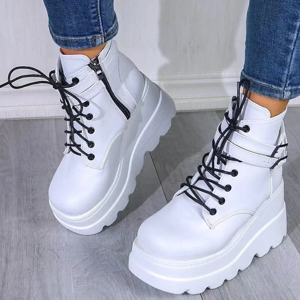 Punk Green Patent Leather Boots For Women Platform Faux Leather Ankle Boots Thick Bottom Fashion