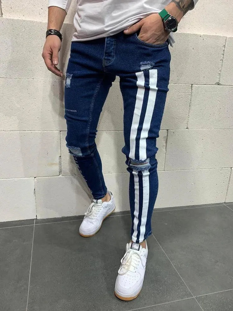 Stripe printing Jeans Men Cotton Stretchy Ripped Skinny Jeans High Quality Hip Hop Black Hole Slim Fit Oversize Denim Pants