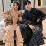 2PCS Hooded Sleepwear Thicken Warm Plush Flannel Robe Set Winter Pajamas for Couples Soft Pajama Man Cartoon Sleeping Bathrobe