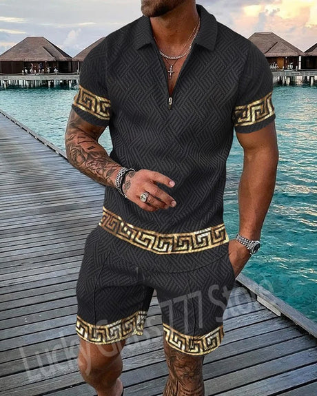 Summer Brand Tracksuit Solid Color Male Shorts Suit Polo Shirt Set Daily Casual Beach Clothing 3D Printed Fashion Slim Fit Mens