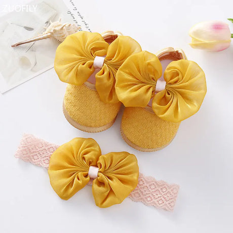 0~18M Cute Bowknot Newborn Baby Shoes Headband Set Anti Slip Toddler Infant First Walker Baby Girls Newborn Soft Sole Pink Shoes