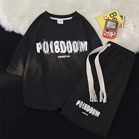 Oversized Loose Jogging Waffle Casual Suit Men Loose Korean Short-sleeve tshirt + Sports Shorts Summer Men Letter Print 2pcs Set