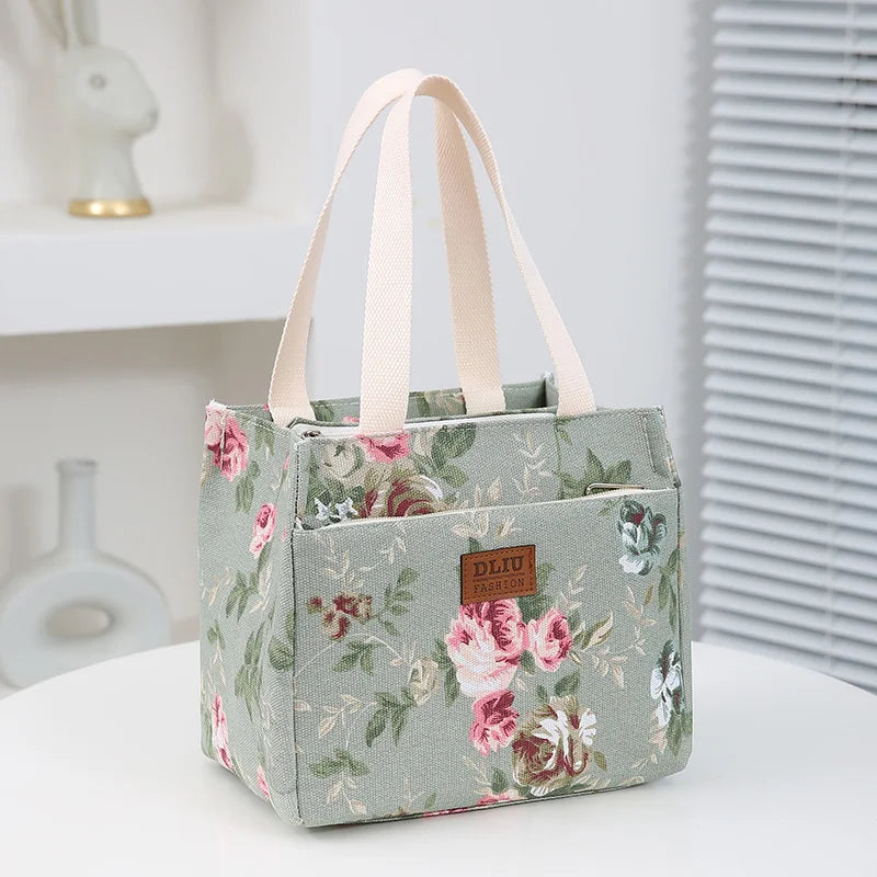 Portable Floral Print Lunch Bag Thermal Insulated Lunch Box Tote Cooler Functional Handbag Student Bento Pouch Food Storage Bags