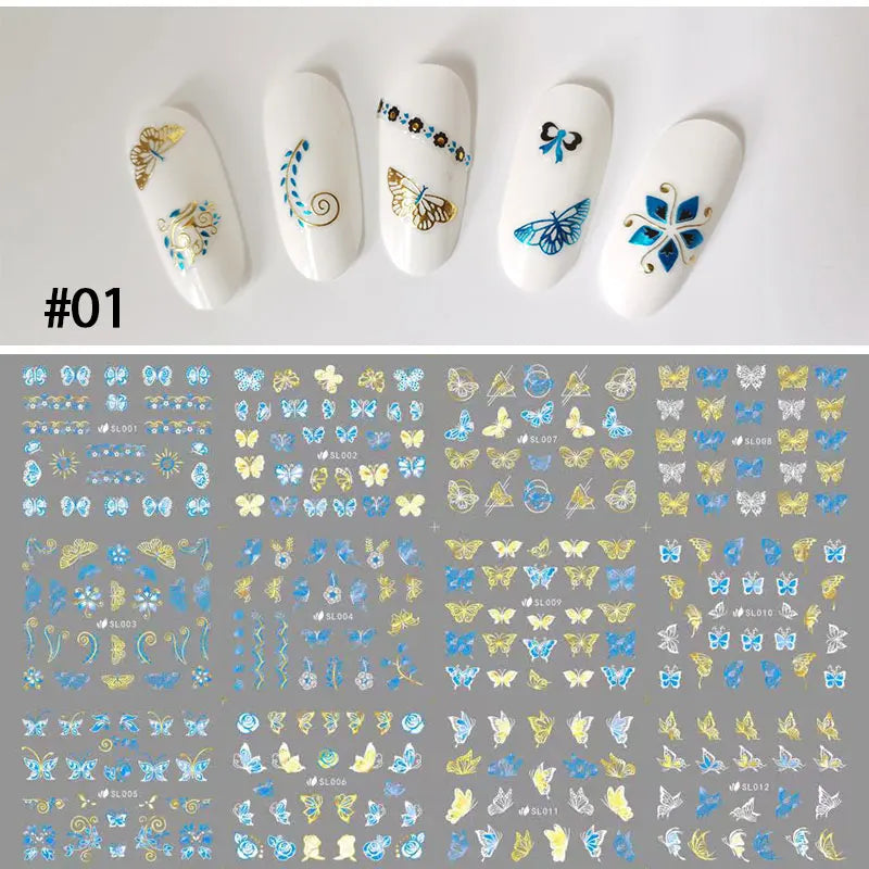 12 Designs Nail Stickers Set Mixed Floral Geometric Nail Art Water Transfer Decals Sliders Flower Leaves Manicures Decoration