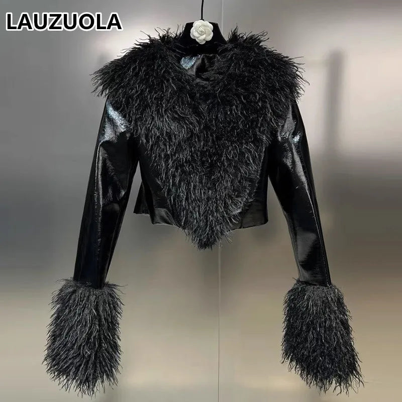 2023 New Autumn Winter Large Lapel Simulated Lamb Fur Shiny Finish Lacquer Leather Cropped Jacket Women Party Coat Outwear