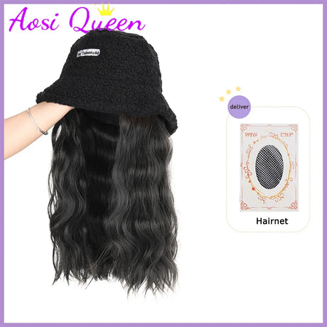 AS  Syntheti Curly hair Lamb wool fisherman hat Berets  Wig Natural Black Straight Wigs Naturally Connect Synthetic Hat Wig Adju