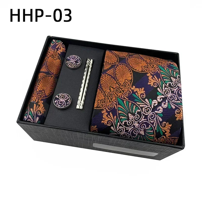 Luxury Tie Set Gift Box for Men Jacquard Necktie and Pocket Square Clip Cufflinks Red Black Blue Handkerchief Formal Gift