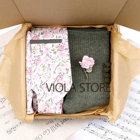 Viola Design 6PCS Gift Box Floral Solid Cotton Sock Tie Sets Clip Pin Cufflinks Hankie Men Wedding Party Daily Cravat Accessory