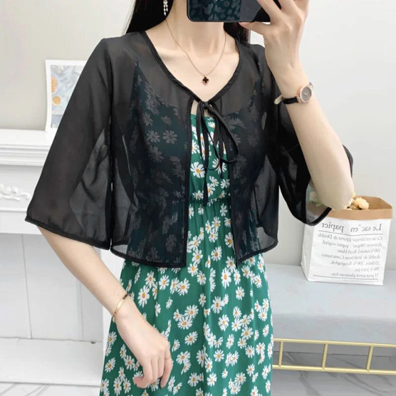 Korean Solid Chiffon Transparent Sunscreen Shawl Female Summer Air Conditioned Blouse Cardigan Neck Guard Cloak Silk Scarf R13