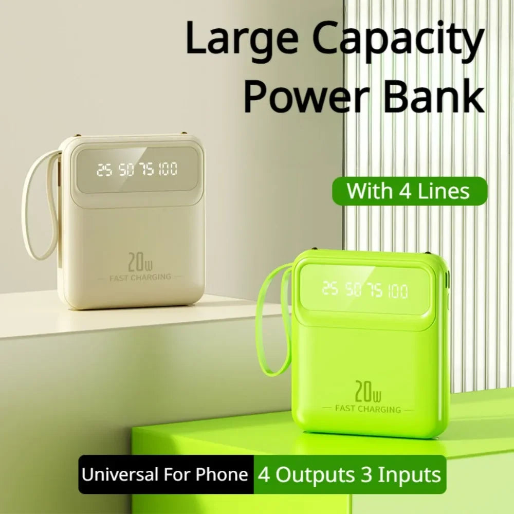 Portable Power Bank 20000mah Big Capacity Fast Phone Charger  with 4 Built-in Cables Powerbank Mobile Phone External Battery