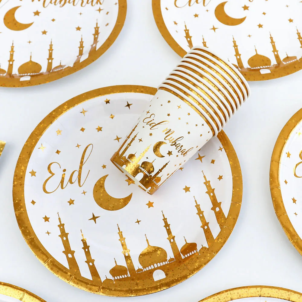 Gold Eid Mubarak Disposable Tableware Star Moon Gilded Plate Cup Gift Box EID Party Supplies 2024 Ramadan Mubarak Kareem Decor