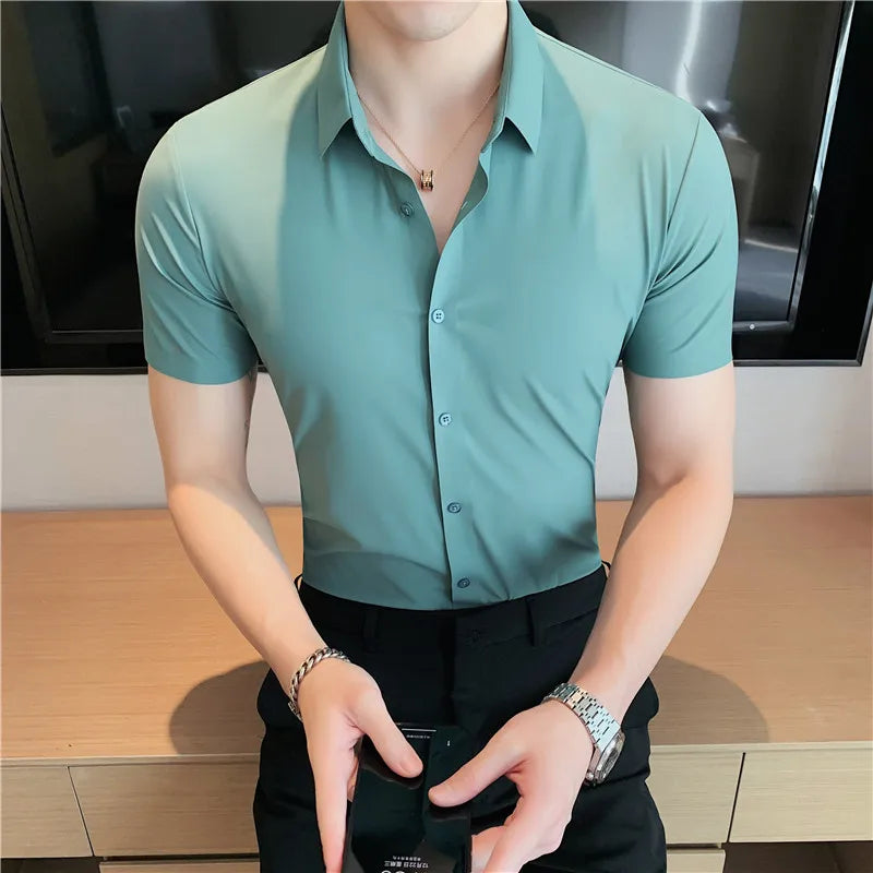 Men Short sleeve Shirt 2023 Summer New Thin Breathable High Elastic Slim Fit Solid Casual Formal Dress Shirt Korean Men Clothing