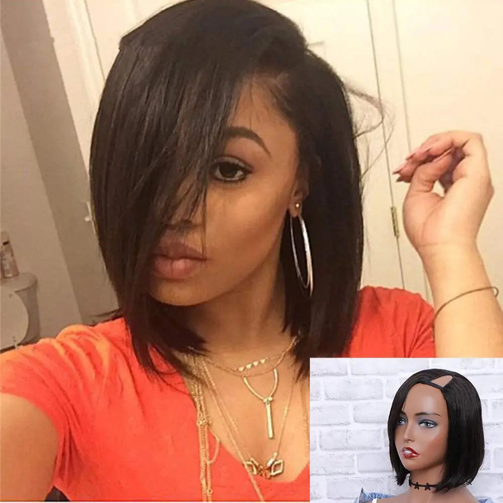 U Part Bob Wig Left Side U Part Wig Short Straight Human Hair Wigs for Black Women Brazilian Straight Bob Wigs with 180% Density