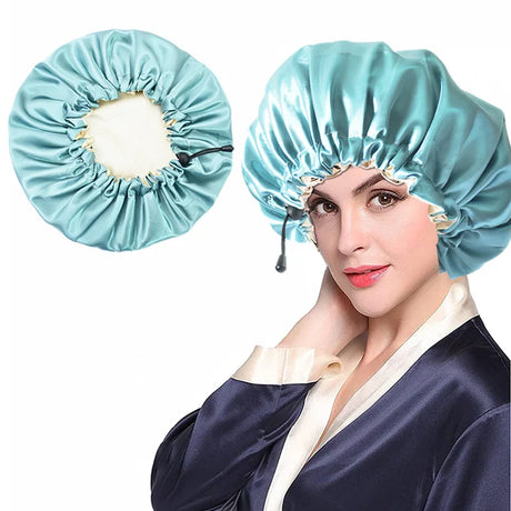 Ladies Satin Nightcap Solid Color Simple Drawstring Adjustable Hair Care Bandana Double Sided Shower Cap Chemo Head Cover