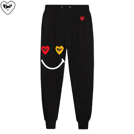 Men Women Spring Autumn Pants Heart Cartoon Embroidery Smiling Face Print Cotton Elastic Bind Feet Drawstring Casual Pants