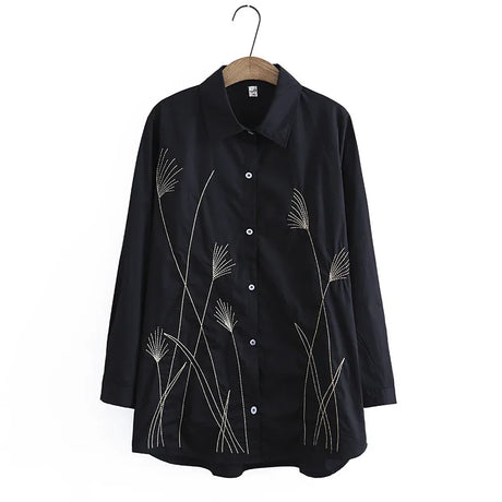 4XL Plus Size Shirt Women 2023 Spring Vintage Grass Embroidery Ice Silk Cotton Blouse Long Sleeve Tops Oversized Curve Clothes