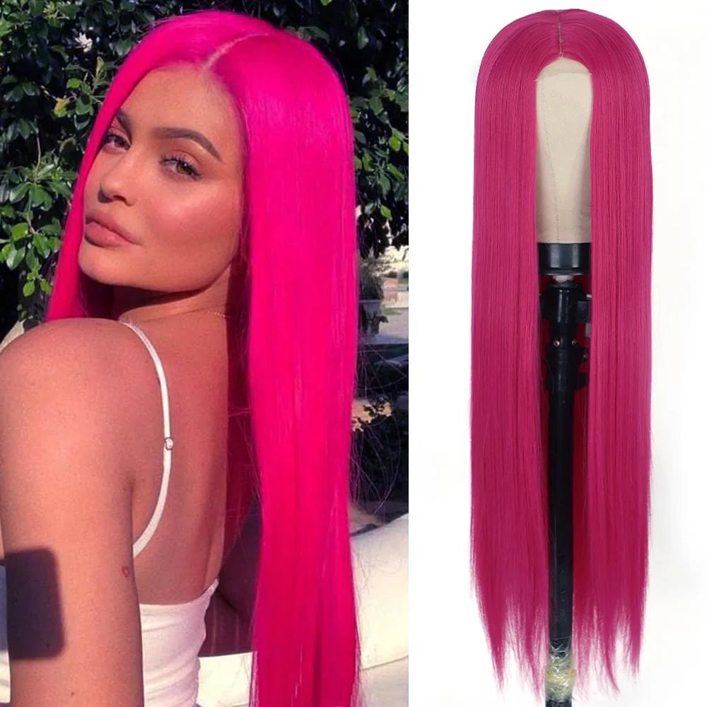 Peach Long Straight Red Pink Natural Hairline Wig For Fashion Ladies Heat Resistant Synthetic lace Wigs cosplay glueless wig