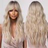 HAIRCUBE Long Ombre Brown Black Light Blonde Synthetic Wigs with Bangs Heat Resistant Straight Wigs for Women Natural