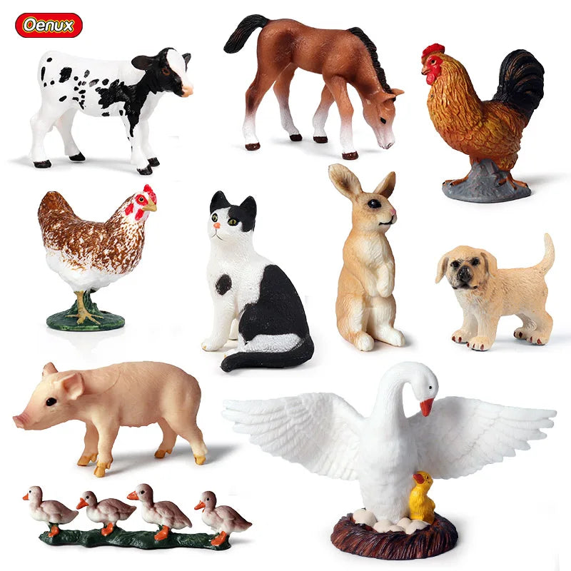 Oenux Farm House Model Action Figures Farmer Motorcycle Cow Hen Pig Animals Set Figurine Miniature PVC Cute Educational Kids Toy