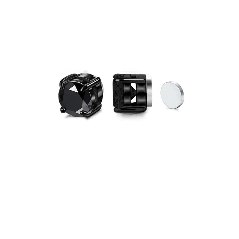 Stainless Steel Magnetic Stud Earrings Men Women Black CZ Magnet Non-piercing Clip Earring