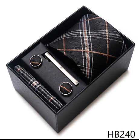 Luxurious Dropshipping 8 cm Birthday Gift Silk Tie Hanky Pocket Squares Cufflink Set Tie Clip Necktie Box Geometric