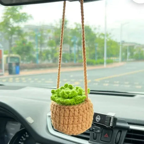 NEW Cute Potted Plants Crochet Car Basket,Hanging Plant Crochet for Car Decor,Car Ornament Rear View Mirror Hanging Accessories