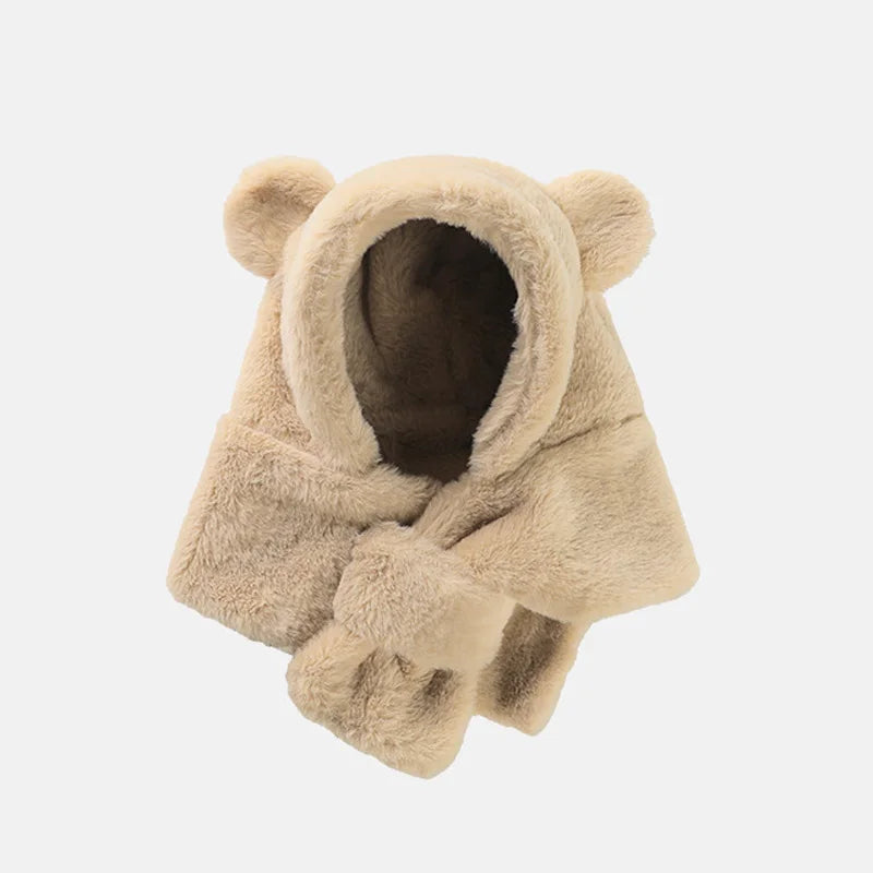 Winter Baby Hat Scarf One-Piece Faux Fur Infant Bonnet Cute Bear Warmer Neck Ears Kids Cap for Girls Boys Accessories