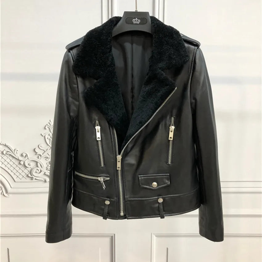 Winter  cotton inside thicker warm real sheep leather jackets female was thin natural fox fur coats sheep fur cuff coat F685