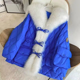 2024 Winter New Women Big Luxury Faux Fox Fur Collar Coat Fluffy Loose Puffer Jacket Feather Female Parka Snow Outwear Windproof