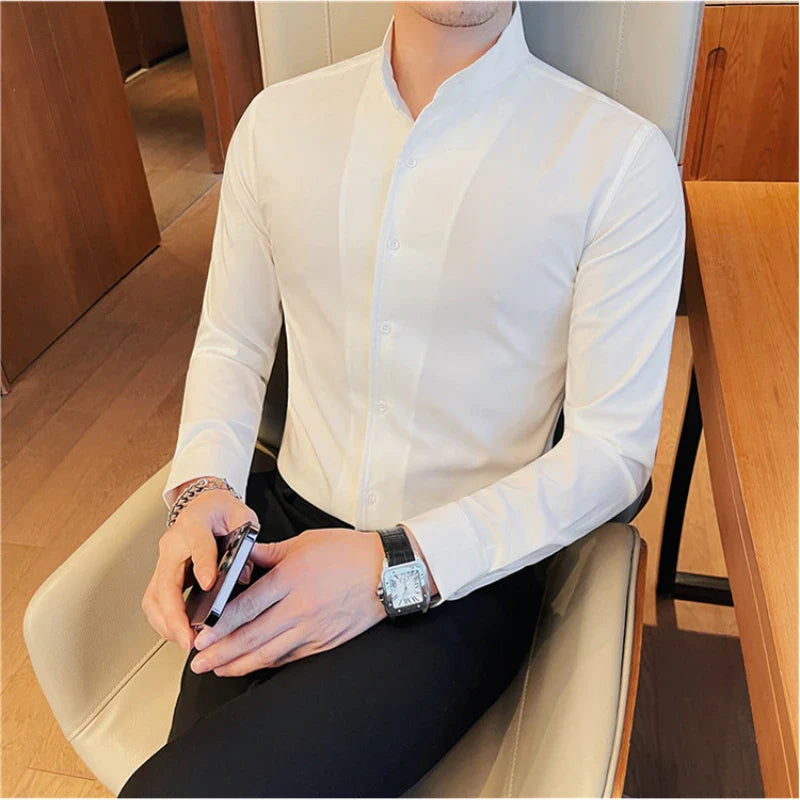 Men Long-sleeved Business Formal Social Dress Shirt Fall Pure Stand Collar Party Club Casual Shirt Men's Brand Slim Tuxedo Shirt