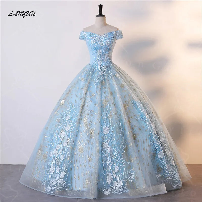 Light Blue prom cocktail dresses The Shoulder Evening Banquet Party Ball Gown Princess Dress Elegant Adult Princess Dress