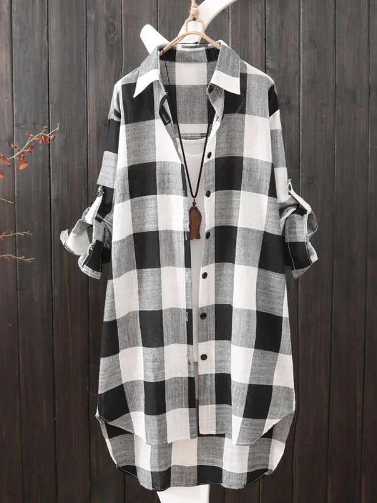 Plus Size Loose Plaid Blouse Women Cotton Shirt Female Mid Length Autumn Long Sleeve Blouse Casual Winter Korean Style Outwear