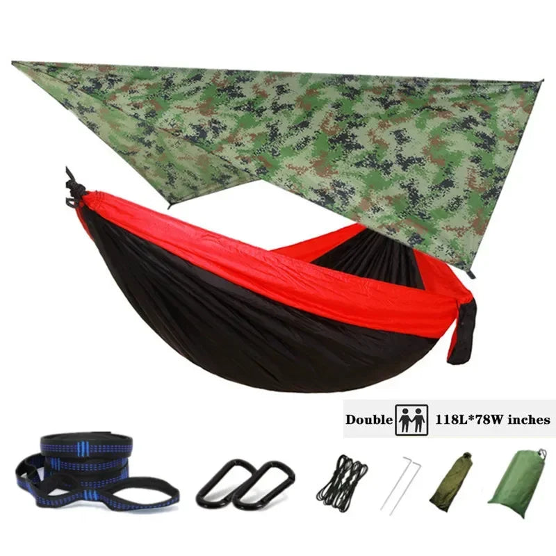 Oversized Double 118inx79in Hammock with Tree Straps and Rain Fly, Indoor Outdoor Backpacking Survival & Travel Camping Hammock