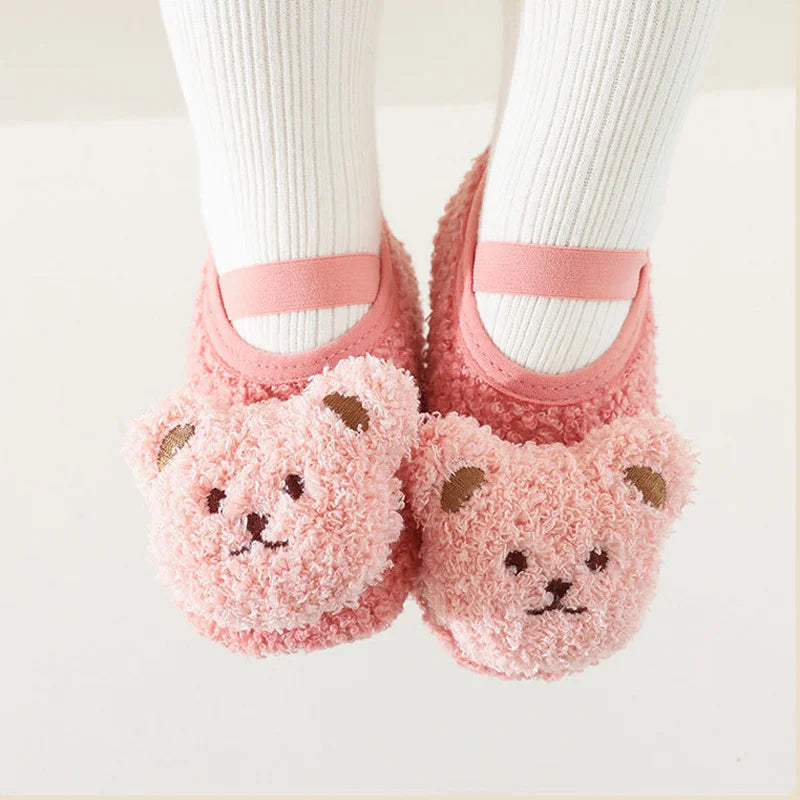 Cartoon Bear Baby Shoes Winter Thick Warm Newborn Shoes Non-slip Soled Soft Plush Toddler Kids Boy Girls Infant First Walkers