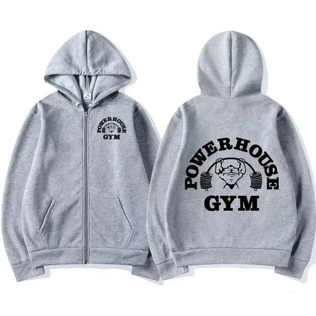 Powerhouse Gym Logo Zip Up Hoodie Harajuku Men's Geek Fitness Cardigan Loose Long Sleeve Punk Sports Sweatshirt Streetwear Male