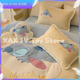 Cartoon Kawaii Disney Stitch Milk Velvet Four-piece Warm Bed Linen For Children In Winter Animation Derivatives Holiday Gift