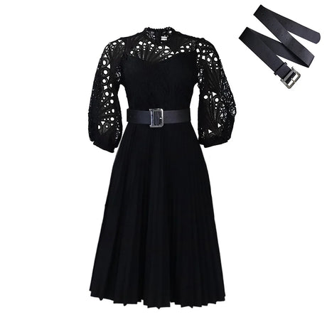 Plus Size Casual Elegant Fashionable Solid Color Party Evening Dress With Lace Hook Flower Sexy Hollow Out Pleated Dress