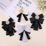 Korean Bow Tie Brooch Women's College Style Bank Suits Shirt Accessories Gifts Fabric Ribbon Crystal Pearl Collar Flowers Pins