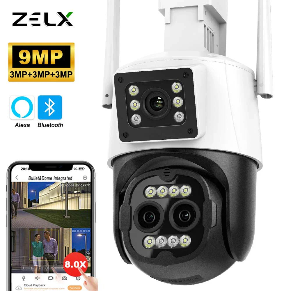 9MP 4K HD WiFi IP Camera Outdoor 8X Zoom Three Lens Dual Screen PTZ Cam Auto Tracking 8MP Security Video Surveillance CCTV Alexa