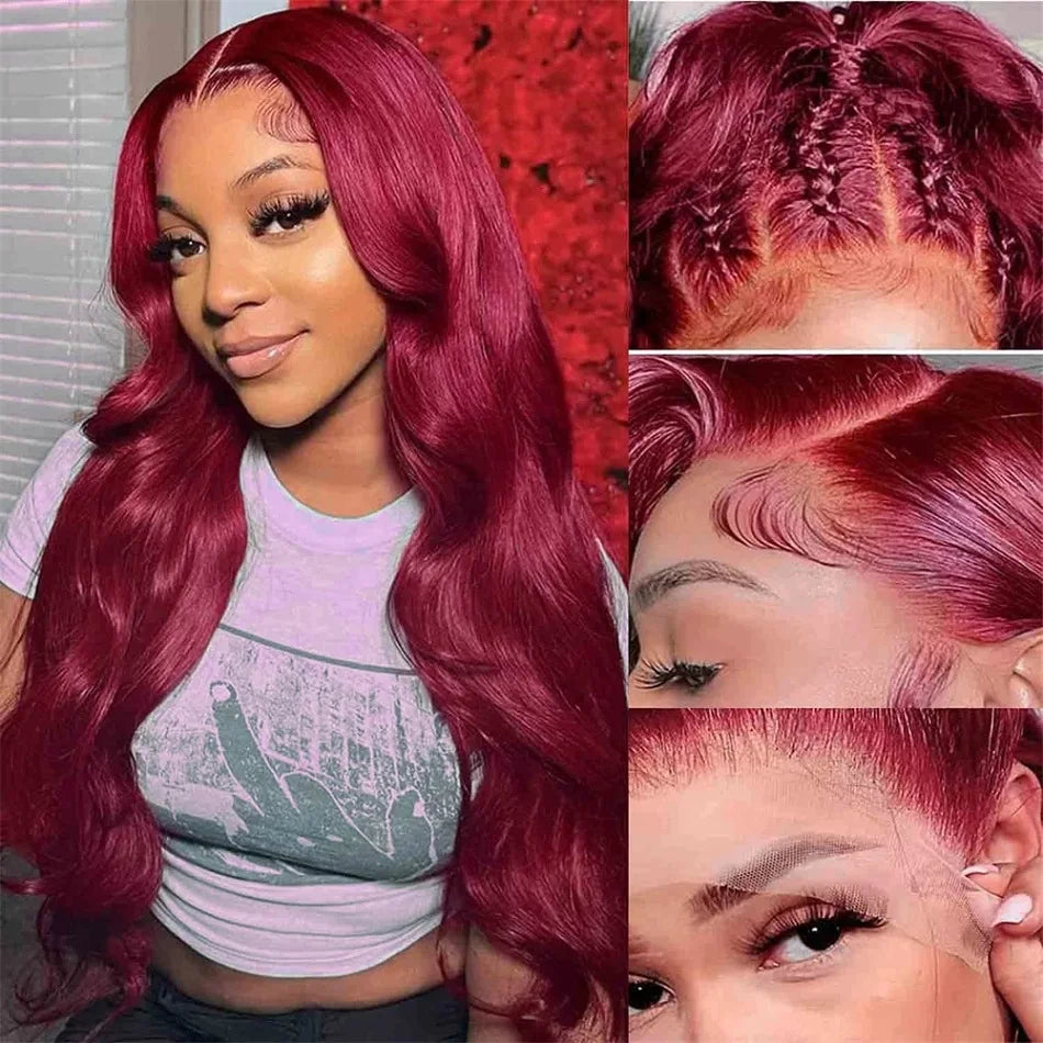 MELODIE 99J Burgundy 13X6 Body Wave Lace Frontal Human Hair Wigs 13x4 Wavy Human Hair Wig Red Colored Curly Lace Frontal Wig