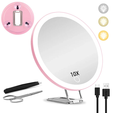 6 Inch Magnifying Mirror with Light, 5-30X Portable Travel Magnified Mirror with 360° Adjustable Stand and Suction Cup