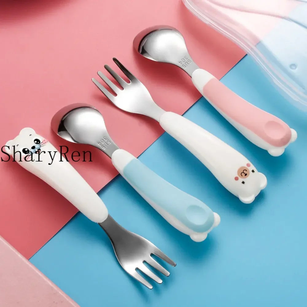 Baby Children Spoon Fork Set Cartoon Bear Stainless Steel Fork Spoon Kids Toddler Training Spoon Utensil Baby Feeding Cutlery