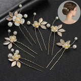 Pearl Flower Hairpin Side Comb Golden Leaf Shaped Alloy Tiaras Wedding Bride Insert Hair Clips Hair Jewelry Bride Headwear